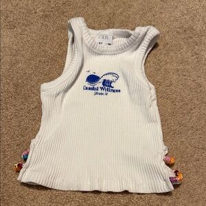 Zara White Tank Top with Blue Print and bead detail size 6-7